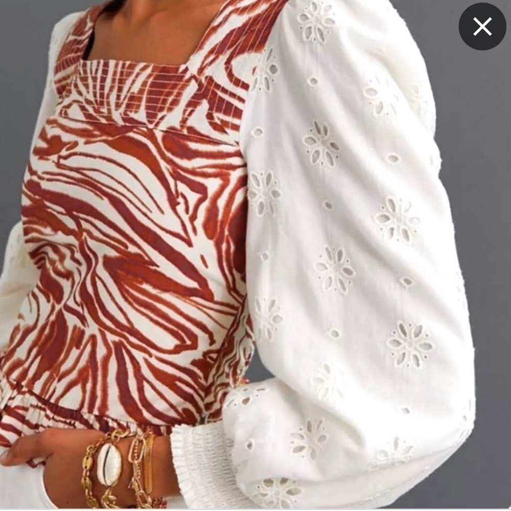 Anthropologie White Eyelet Puff Sleeve Blouse with Rust Zebra Print Bodice